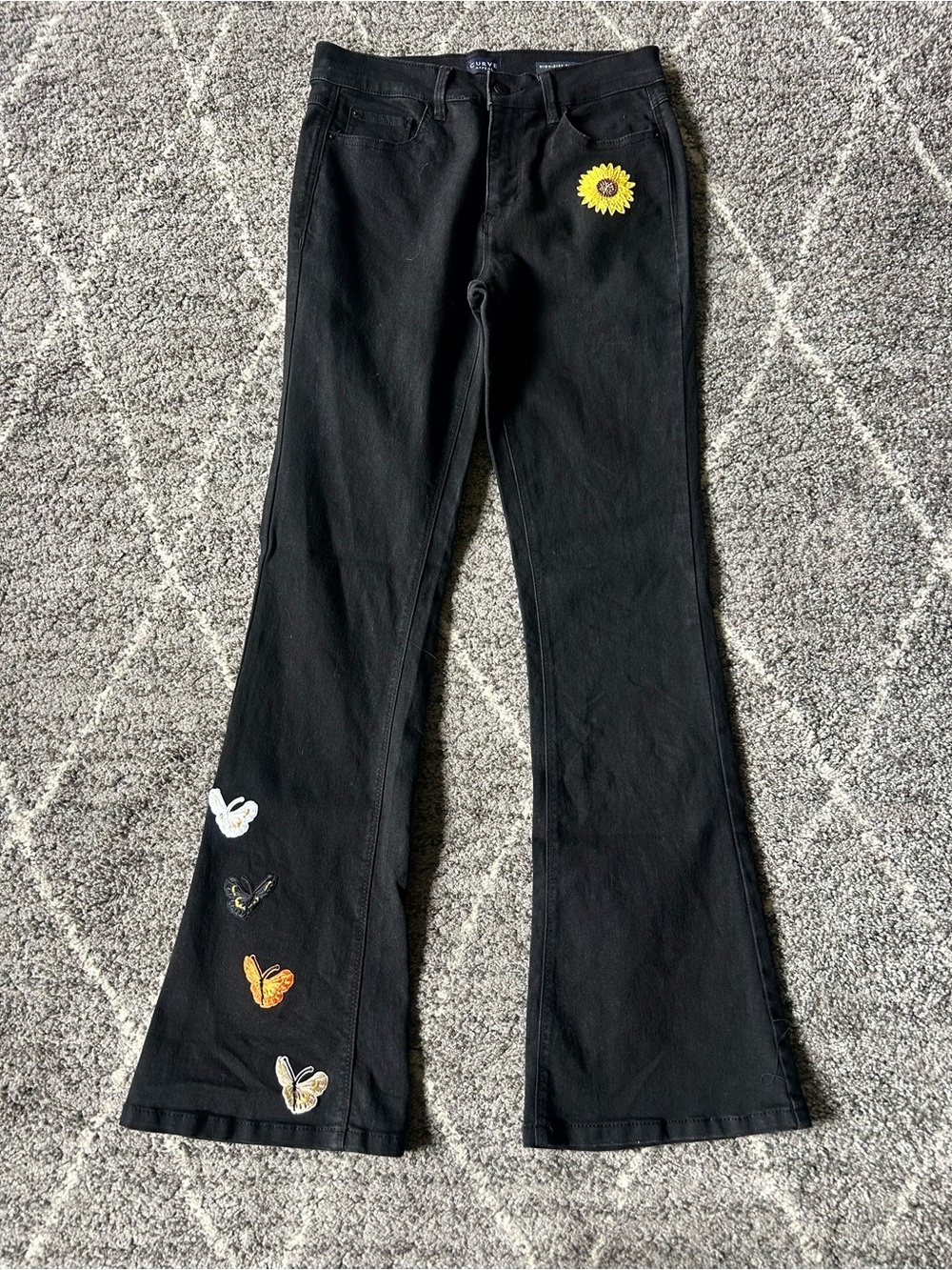 Black Women's Black Flare Jeans w Patches Butterflies and Sunflower Boho Hippie